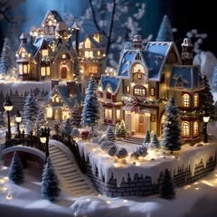 Miniature village in the snow. Christmas and New Year concept.