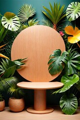 a Blank product podium stand with tropical leaf on colorful backgroundin retrowave style Summer trend