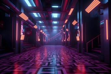 Futuristic dark corridor with glowing neon lights, 3d illustration - obrazy, fototapety, plakaty
