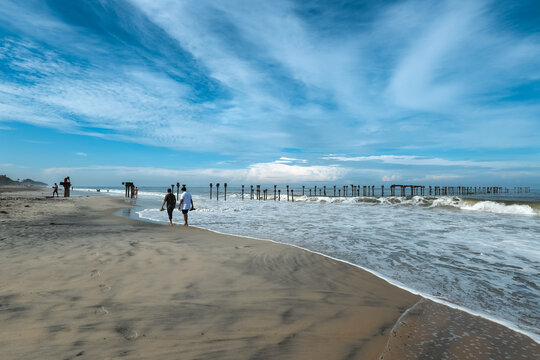 old pier ruins extends to the sea beach view from the Venice of the East Alappuzha Kerala India. Famous destination of backwaters in Kerala top tourist places in Kerala.
