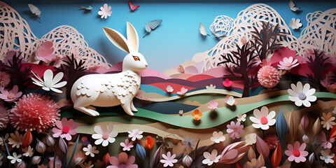  Paper cut art of Easter bunny in spring season background and wallpaper Easter background with cute rabbit and paper flowers  