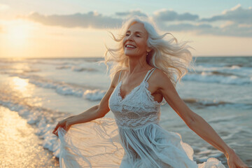 Fototapeta na wymiar Joyful mature woman dancing on the beach at sunset, embodying freedom and happiness.