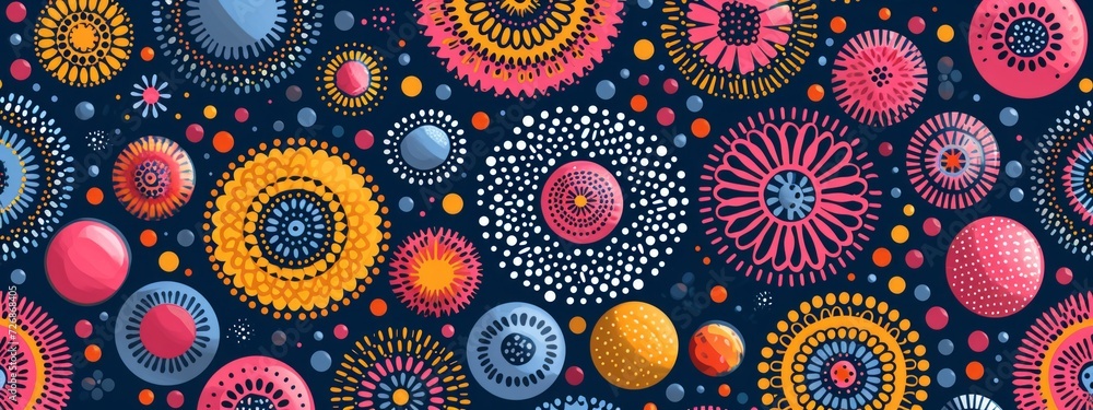 Poster spectrum symphony: a mesmerizing display of colorful circles and dots against a vivid blue canvas