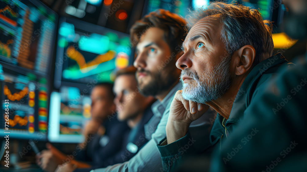 Poster a group of financial analysts deeply engrossed in monitoring and analyzing live stock market data on
