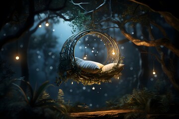 3d rendering of a crystal ball inside a tree in the forest