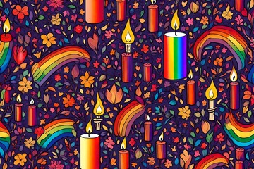 A Close-Up Exploration of a Multicolored Candle Composition on a Beige Canvas, Adorned with Elegant Golden Decorations, Confetti, and Delicate Bokeh. Unveiling a Captivating Christmas Background Infus
