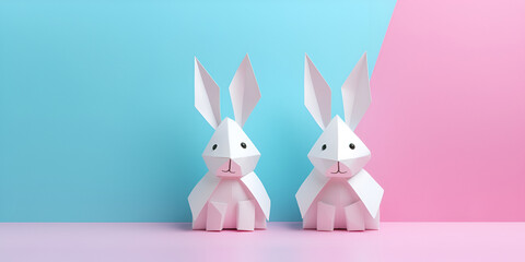  Paper origami rabbits isolated on pink and blue background  