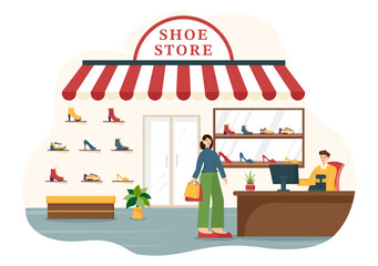 Shoe Store Vector Illustration with New Collection Men or Women Various Models or Colors of Sneakers and High Heels in Flat Cartoon Background - obrazy, fototapety, plakaty