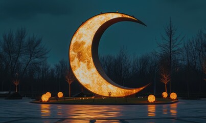 crescent moon monument in city park - obrazy, fototapety, plakaty