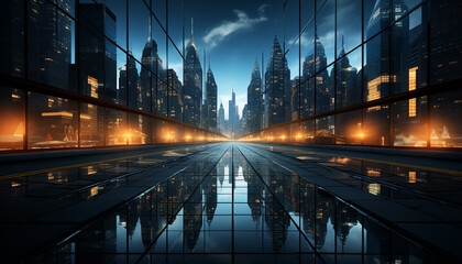 Fototapeta na wymiar Skyscrapers illuminate city, reflecting modern architecture in vibrant night skyline generated by AI