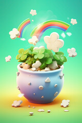 a joyful coloring page of a pot of gold, element for St. Patrick's Day, soft pastel, 3d icon clay render.