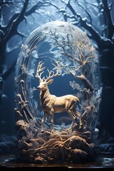 Beautiful fantasy scene with a deer in a glass dome in the forest
