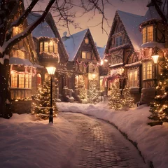  Beautiful houses in the snow in the evening. Christmas and New Year concept. © A