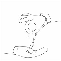 Continuous line drawing. Hand holding car or apartment keys. Black lines on a white background.