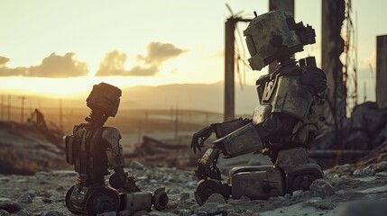 Robotic father-son Sitting Amidst Ruins Against a Sunset Sky with Wind Turbines in the Background