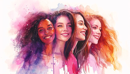 Illustration of a happy multiracial group of women celebrating International Women’s Day in watercolor style. - obrazy, fototapety, plakaty