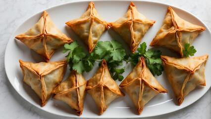 A top down view of chicken samosas arranged symmetrically on a minimalist white plate with simplicity and the rich, savory allure of the samosas, inviting viewers to savor the culinary experience