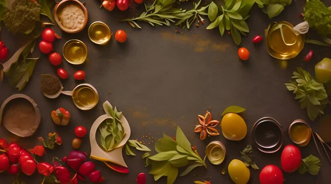 The background of food, fruits, herbs and spices on the black board