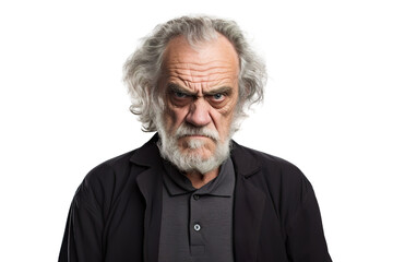 Angry belligerent senior man looking at the camera white background copy space