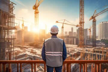 Rear view of engineer or worker in hardhat and safety vest inspecting a construction site. Generative AI