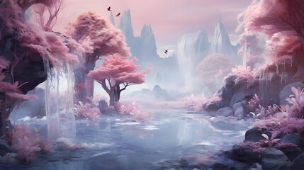 Beautiful fantasy landscape with river, trees and birds. Digital painting.