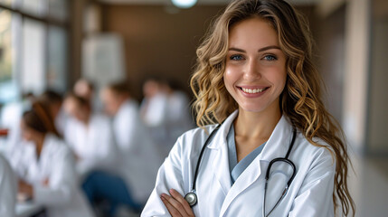 Confident smiling female medical professional in white coat with stethoscope, standing in seminar room with colleagues in the background.