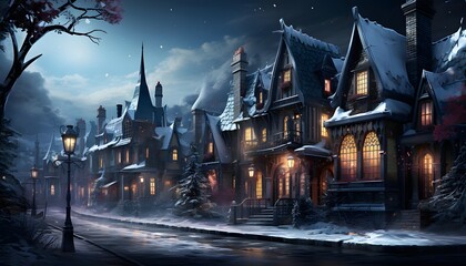 Winter cityscape with old houses and street lamps at night. Christmas card.
