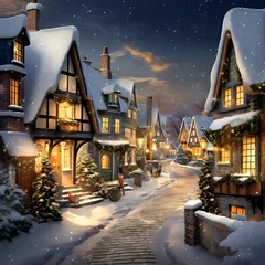Gordijnen Winter city street at night. Christmas and New Year background. 3d illustration © A