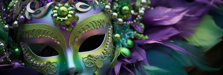 Mardi Gras green and purple mask banner for web asset