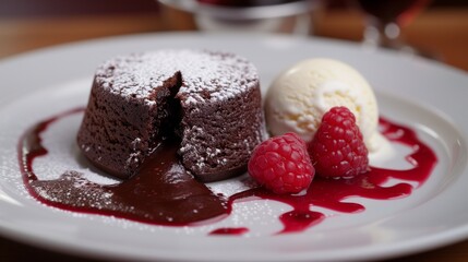 Molten chocolate cake with hand made vanilla bean ice cream and raspberry coulis, perfectly plated