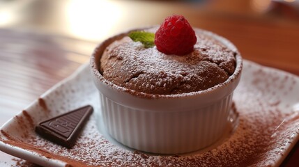 Decadent chocolate souffle powdered with sugar and cocoa and topped with a single raspberry, five star Michelin series