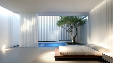 Hyper modern minimalist bedroom with tranquility pool and zen tree accent