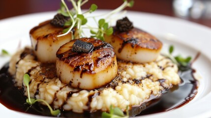 Seared scallops on a truffle risotto served with a balsamic drizzle and microgreen garnish