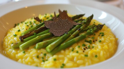 Saffron risotto with grilled asparagus and shaved black truffles, five star Michelin presentation