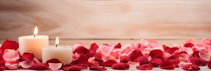Valentine's Day banner with two lit candles and scattered rose petals