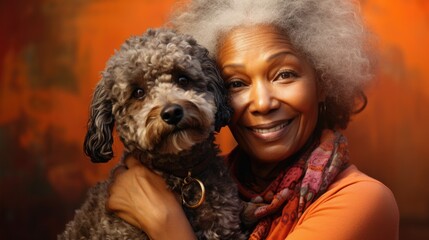 Banner with a portrait of a Woman with a The poodle on a orange background