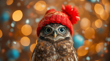 Funny owl in Winter clothes, winter season concept, blurred background