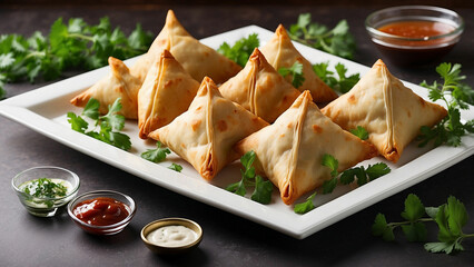 chicken samosas on a white plate include elements like fresh herbs, dipping sauces, or garnishes to enhance the visual appeal and convey the delightful dining experience that awaits those who indulge 