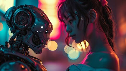 Detailed Mechanical Robot Face Interacting with Obscured Human Figure Amidst Colorful Bokeh Lights