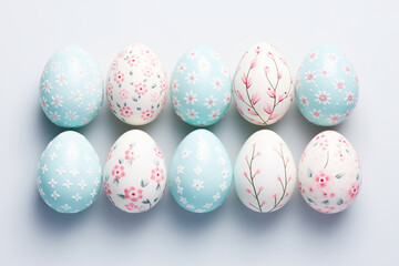 Set of pastel blue and pink easter eggs with decorative floral patterns on white