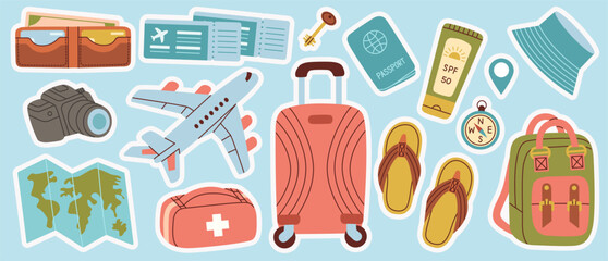 Large stickers set of travel accessories. Accessories for seaside vacation, suitcases, luggage, map, airplane, tickets.
