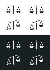 Set of scales icons. Symbol of justice, balance and weight. Attribute of a lawyer, store or Themis.