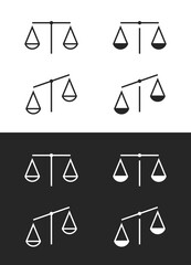 Set of scales icons. Symbol of justice, balance and weight. Attribute of a lawyer, store or Themis.
