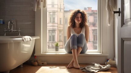  woman sitting on windowsill in bathroom 