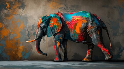Painted Elephant Standing in Front of Mural Wall