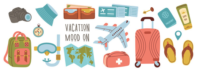 Large vector set of travel accessories. Accessories for seaside vacation, suitcases, luggage, map, airplane, tickets.