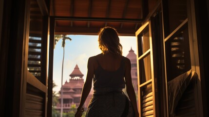 Fototapeta premium Behind a woman, a backpacker stands in the open door of a hotel room, 