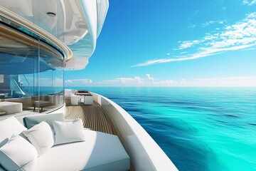 Obraz premium Luxurious yacht interior, overlooking a clear blue ocean, embodying sophistication and high-end lifestyle. Generative AI