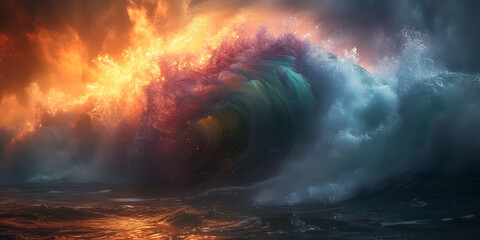 rainbow tsunami with massive rainbow spray in a huge wave, rainbow huge wave - obrazy, fototapety, plakaty