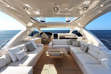 Luxurious yacht interior, overlooking a clear blue ocean, embodying sophistication and high-end lifestyle. 